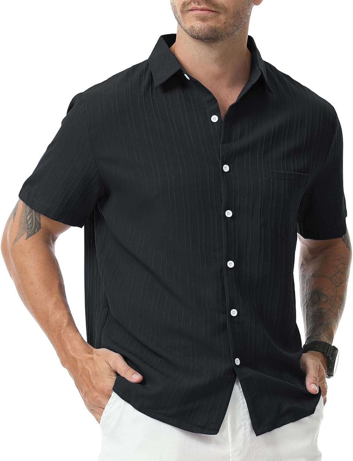 Mens Casual Short Sleeve Shirt Relaxed Button Down Summer Vacation Beach Textured Lightweight Wrinkle Free Shirt - Image 2