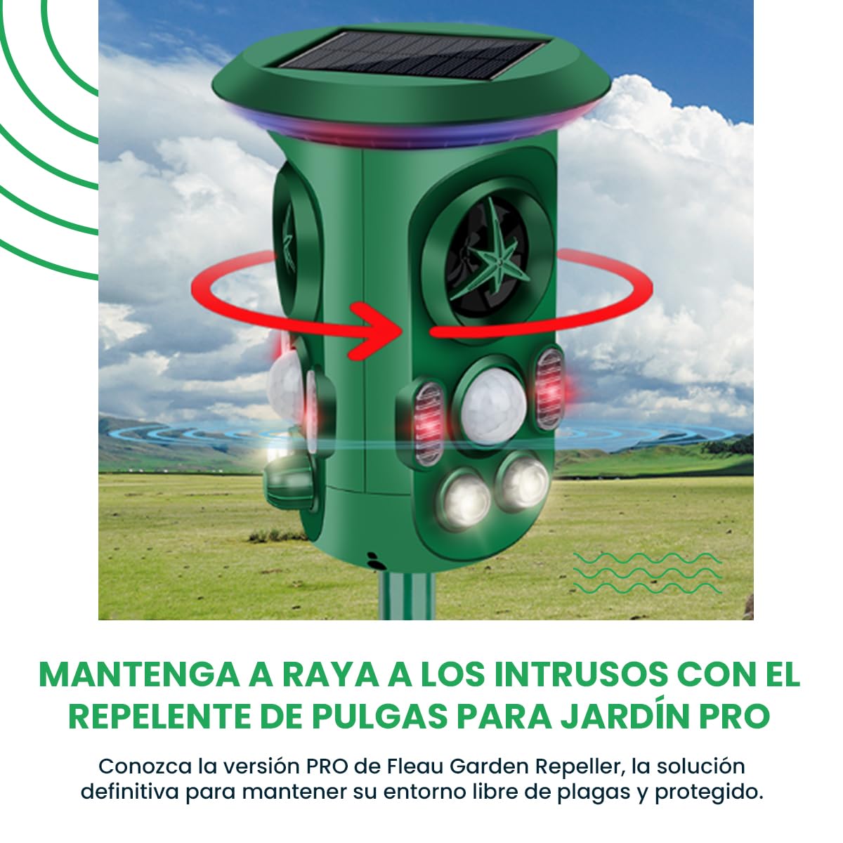 Repelente de Gatos Fleau Garden Pro - Repelente de Animales - Ultrasónico - Energía Solar - Repelente de martas - de Palomas - de plagas - Resistente al Agua