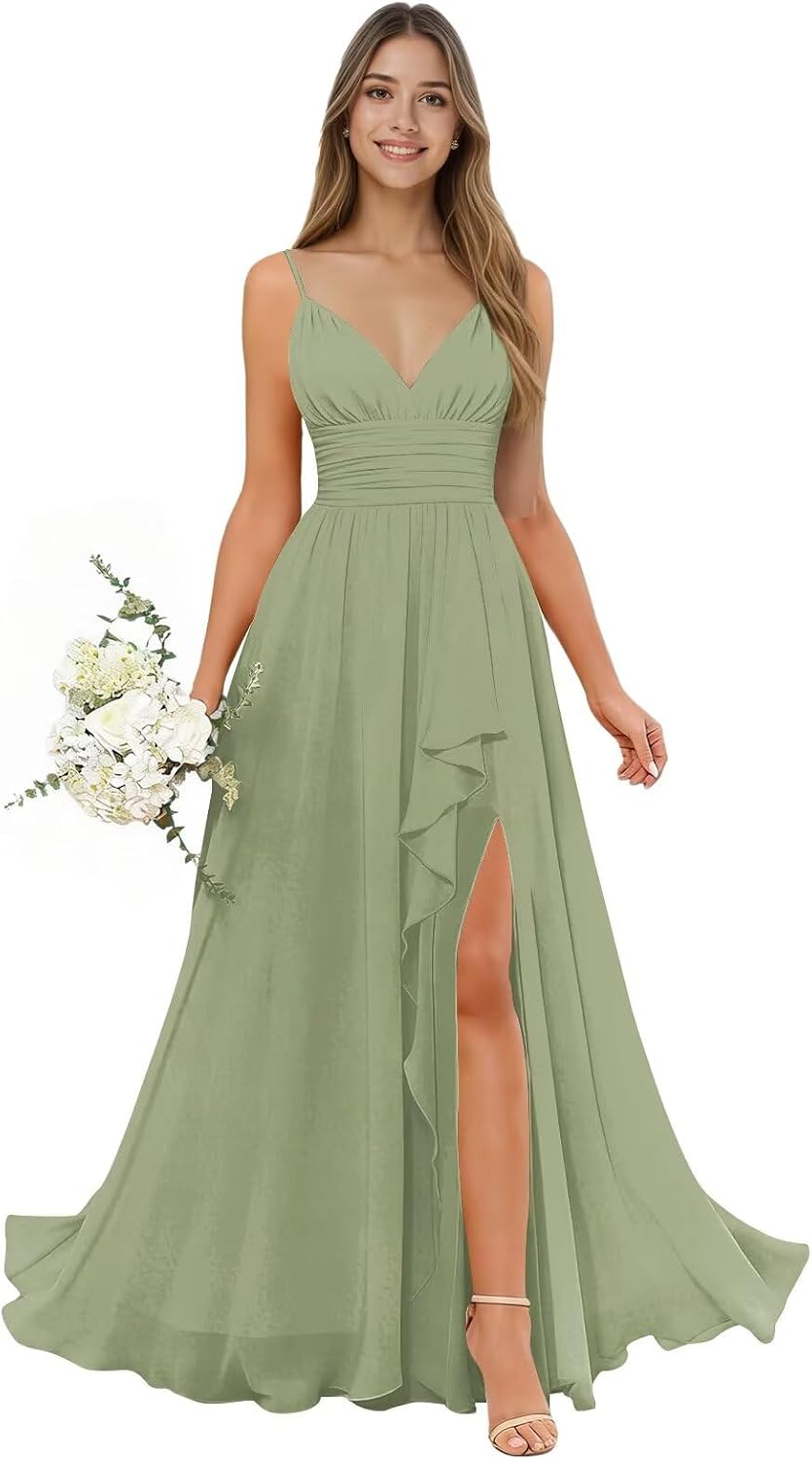 Spaghetti Straps Bridesmaid Dresses for Women 2026 Long Chiffon Ruched Ruffles Evening Gown with Slit