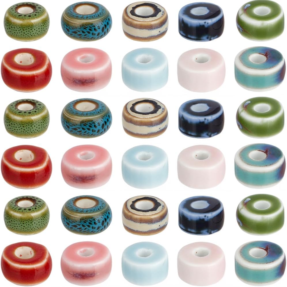 1 Box 10 Colors 60PCS Handmade Porcelain Beads with Hole Flat Round Ceramic Colorful Assorted Smooth Charms Loose Spacer Bead Bulk for Jewelry Making Necklaces Adult DIY Crafts Supplies
