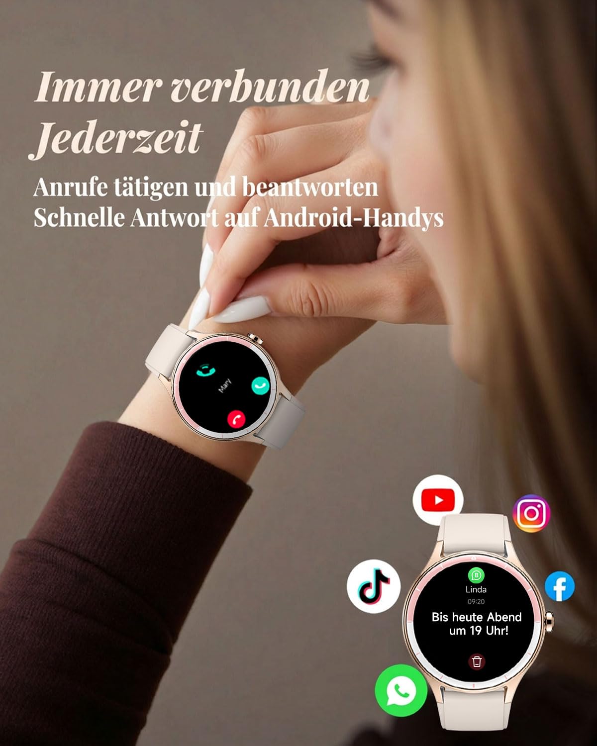 TOOBUR Smartwatch Damen, 40mm Rund Schrittzähler Uhr, 100+ Sportmodi, Beige | Fitness Uhr für Alltag, Smart Watch Android & iOS Kompatibel, Telefonfunktion mit AnrAufe, IP68 Wasserdicht