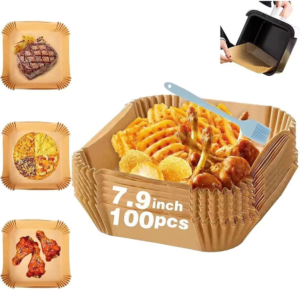 Baking Paper for Hot Square (20 Cm) Pack of 100 Disposable Non-Stick Paper Non-Porous Waterproof Food Grade Parchment Paper, Brown