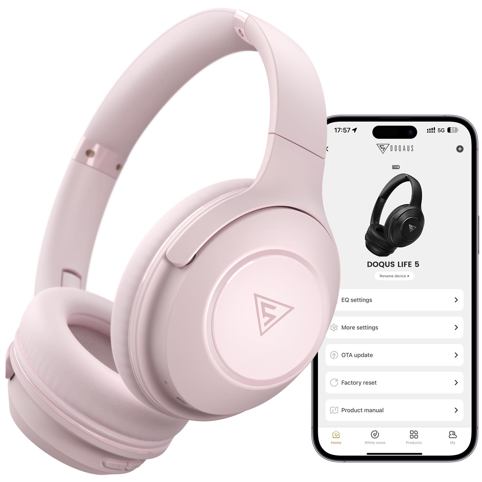 DOQAUS(ドカアス) ヘッドホン Bluetooth5.3 ワイヤレス 最大70時間連続再生 3EQモード 有線無線両用 AAC対応 マルチポイント マイク内蔵 密閉型 オーバーイヤー PC・スマホ・ウォークマン対応 軽量 slim版 LIFE5 (ピンク)
