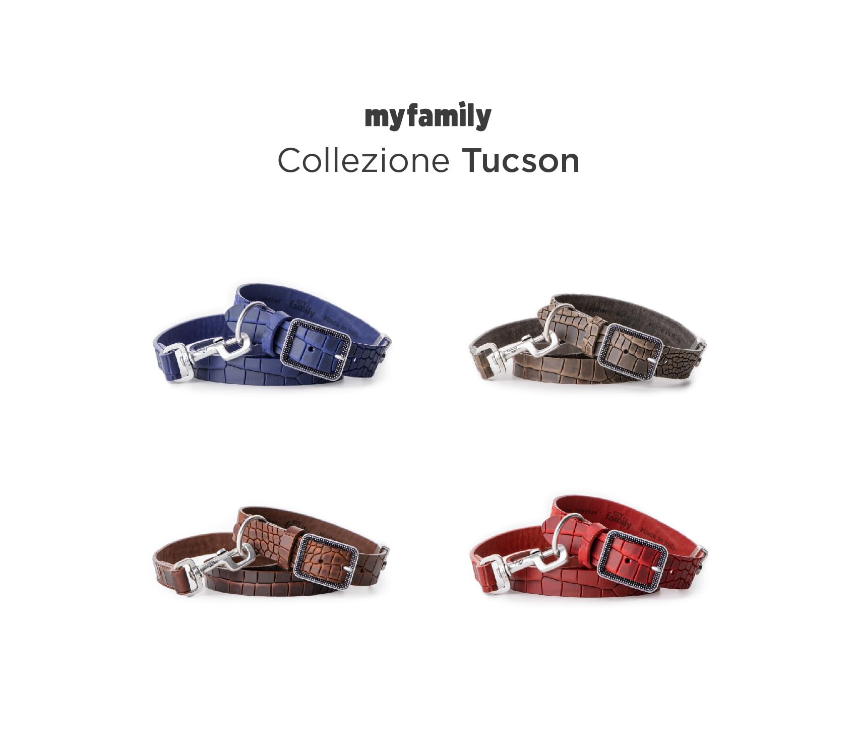 MyFamily Collar De Perro Ajustable De Cuero Genuino Italiano Made In Italy, Acabado Metálico Plata Antigua, Cómodo Y Resistente, Hecho A Mano, Colección Tucson