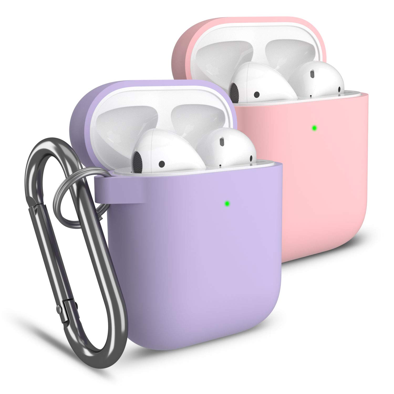 Cuauco Compatible for AirPods Case,2 Pack Protective Silicone Case Cover for Apple AirPods 2&1,Front LED Visible,with 2 Keychain,30 Pcs Cleaning Kit(Includes Anti Static Brush,Swabs)(Pink+Lavender)