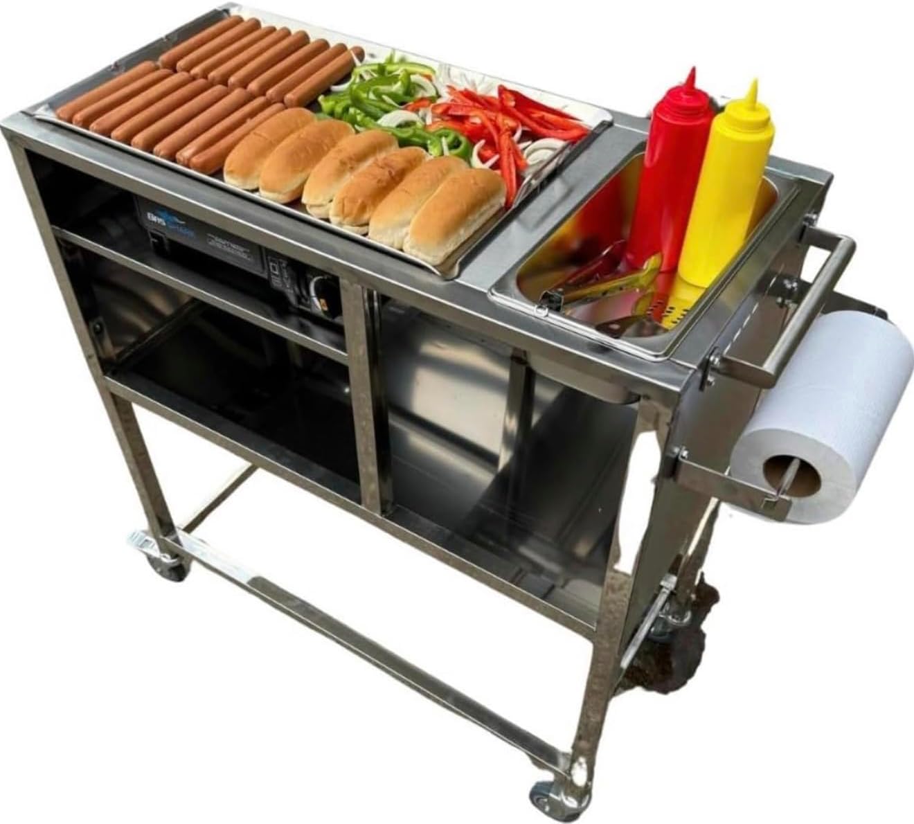Hot Dog Cart | Stainless Steel Cart with 20" Aluminum Griddle | Propane or Butane Powered | Portable 4 Wheels | Street Food Cart for Catering & Vending | Carrito Hot Dogs | Outdoor Cover Included