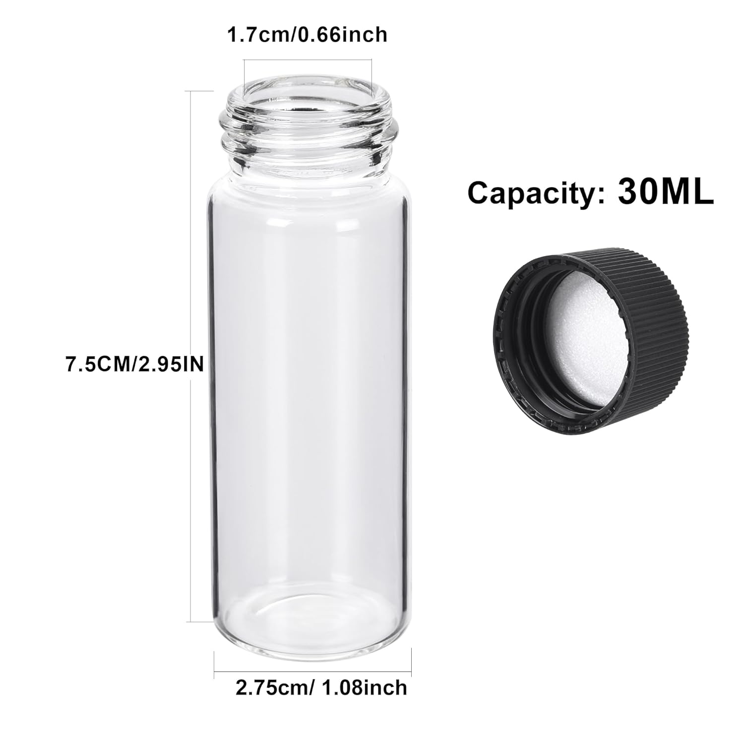 ESHATO 100 Pack 30ML Glass Sample Vial, Liquid Sampling Small Glass Bottle with Black Plastic Screw Caps,Leakproof,Light Weight and Corrosion Resistance(Clear)