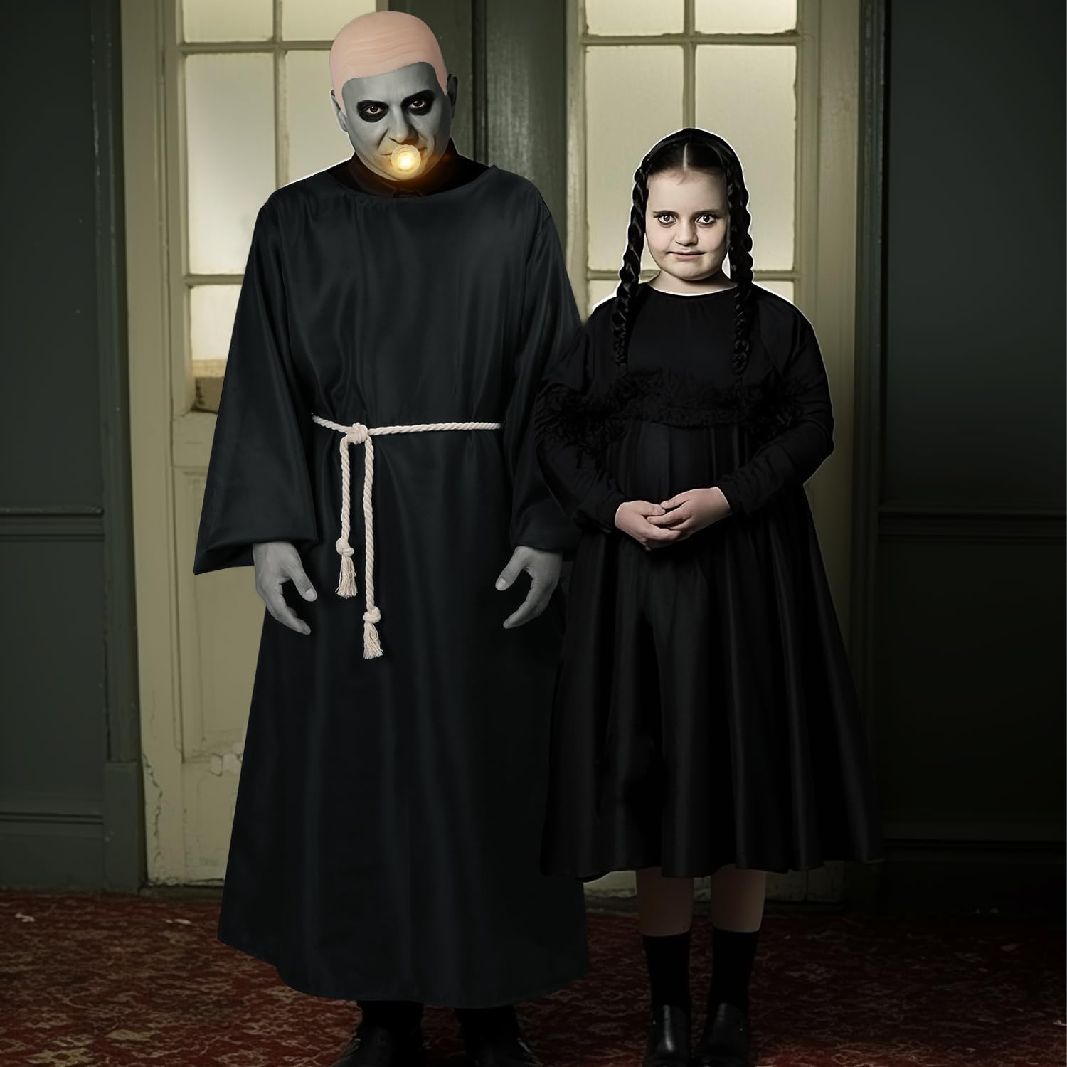 MOVINPE Halloween Uncle Costume for Mens, 5 Pcs Creepy Monk Costume Outfit with Black Robe, Bald Cap, Fake Light Bulb, Waist Rope & Face Paint Kit, Classic Movie Character Halloween Dress Up Kit