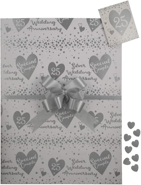 Silver 25th Anniversary Wrap Pack, 2 Gift Paper Wrapping Sheets 2 Tags 2 Pull Bows and Silver Heart Confetti