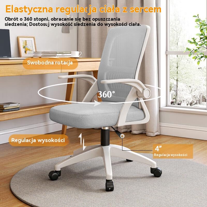 Ergonomiczne Krzesło Biurowe do Domu z Oddychającej Siatki - Wysoki Tył z Regulacją Wysokości,Obrotowe z Podnoszonymi Podłokietnikami i Wsparciem Lędźwiowym(Szary)
