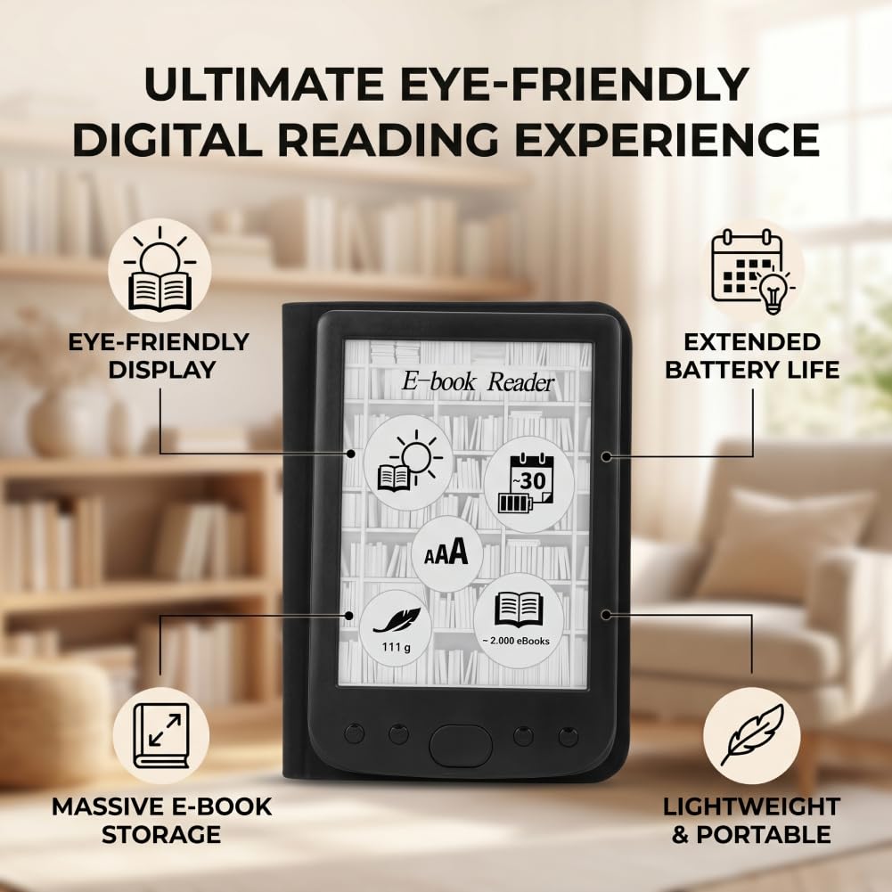 ASHATA E Reader Pantalla HD de 6 Pulgadas 800x600 con Amplia Compatibilidad para Lectura Interactiva Lector Electrónico Portátil (16GB)