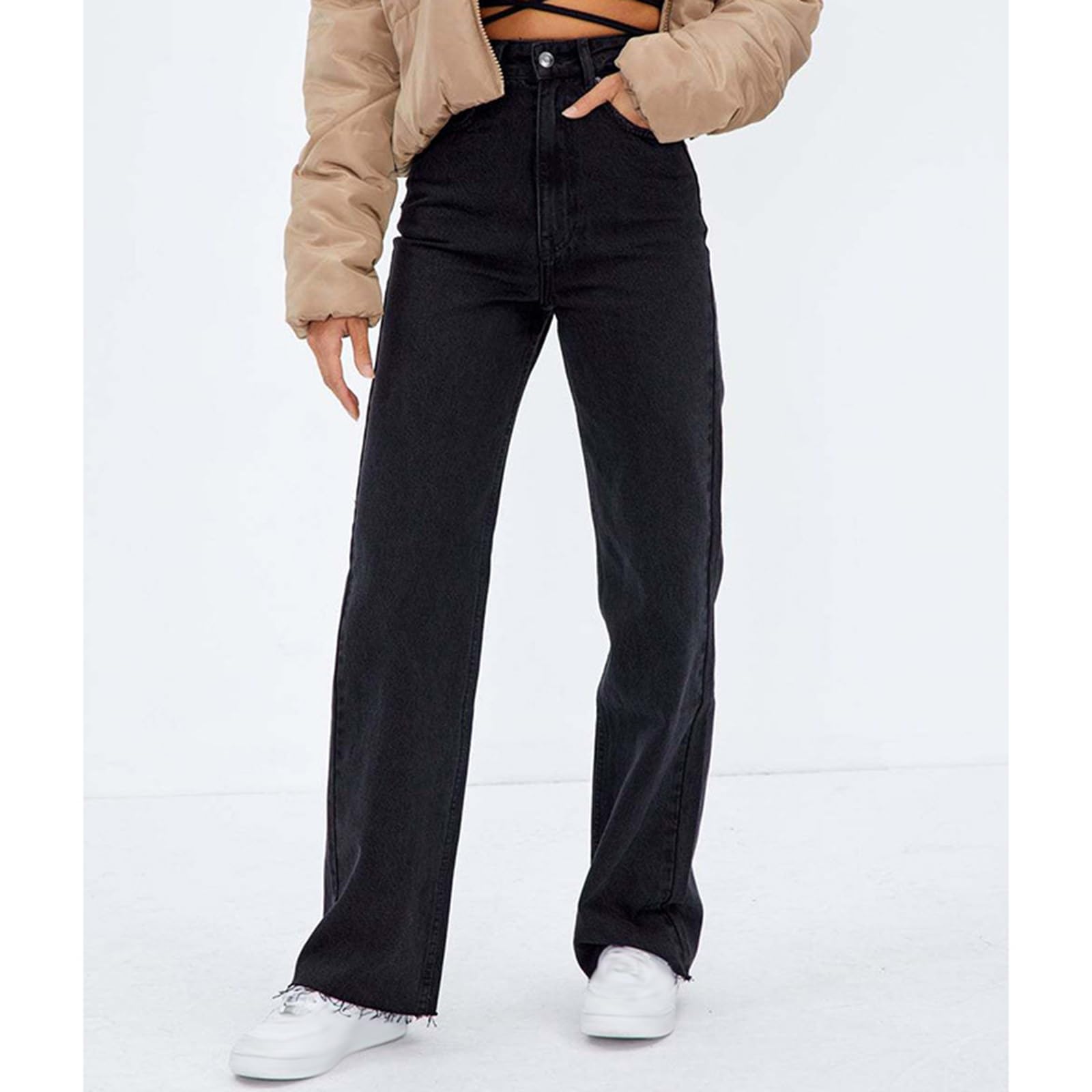 Damskie Jeansy Baggy z Szerokimi Nogawkami I Wysokim Stanem Luźne Typu Boyfriend Jeans Spodnie Jeansowe Y2K z Lat 90. Czarne Proste Jeansy dla Kobiet Spodnie Jeansowe Typu Mom Jeans dla Kobie