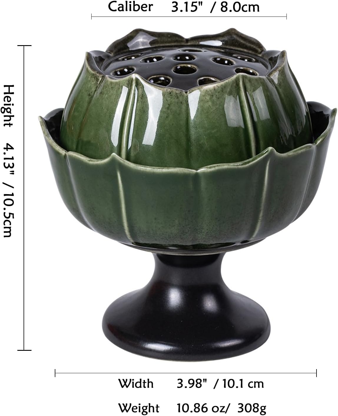 Ceramic Incense Holder with Lid,Lotus Incense Cone Holder for Coil Incense and Powder Incense,Mediation Gift,Home Decor (Deep Green)