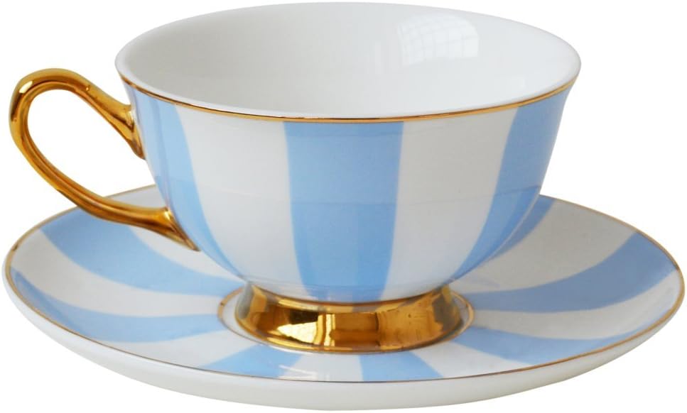 Bombay DuckStripy Sky Blue White and Gold Tea Cup and Saucer
