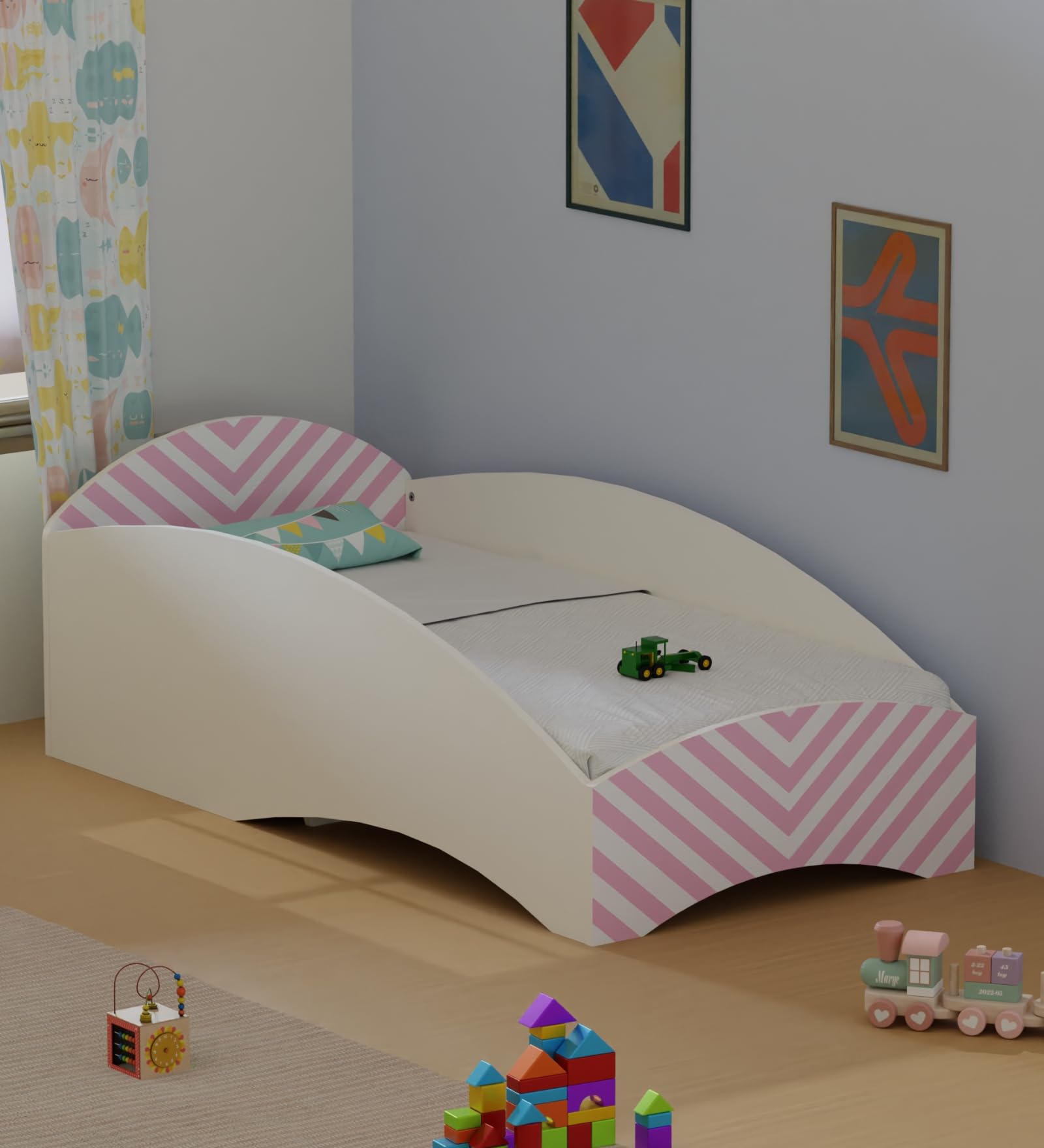 Boingg Loopy Loop Engineered Wood Modern Toddler Bed for Kids | White & Pink Stripes | Single Size | Low Height with Safety Guard Rails | Age 2–6 Years | 80 kg Capacity-image-17