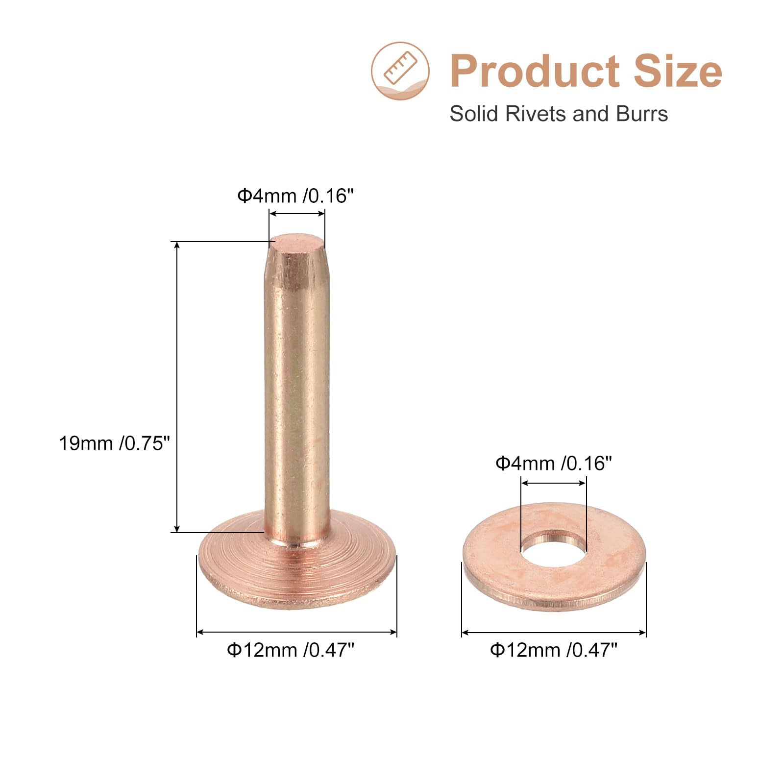 QUARKZMAN 50 Juegos De Remaches Y Arandelas De Cobre, 12x4x19mm Remaches De Cobre Sólidos Para Suministros De Manualidades De Cuero DIY, Tono Cobre