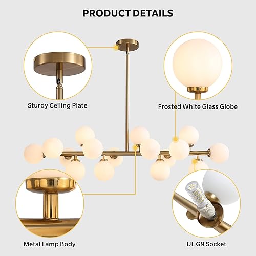 Miniatura 8 de APBEAMLighting Candelabro de comedor dorado sobre la mesa, candelabro rectangular moderno de mediados de siglo, pantalla de globo de vidrio blanco