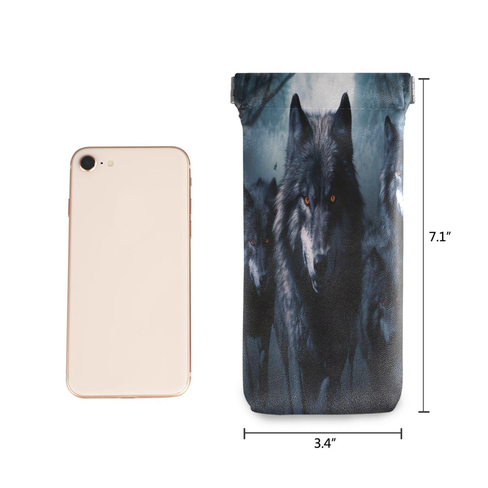 FLildon Scary Wolf Eyeglasses Pouch Squeeze Top Sunglasses Case Soft PU Leather Eyeglass Bag for Men Women