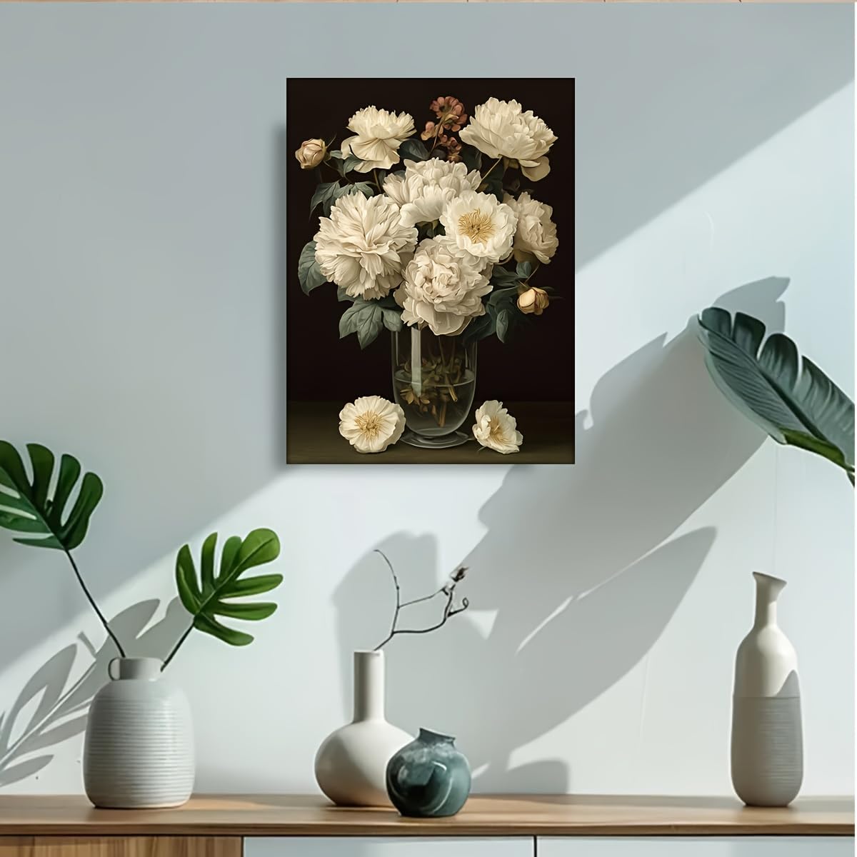 Decoración de pared con planta colgante verde oscuro en lienzo abstracto