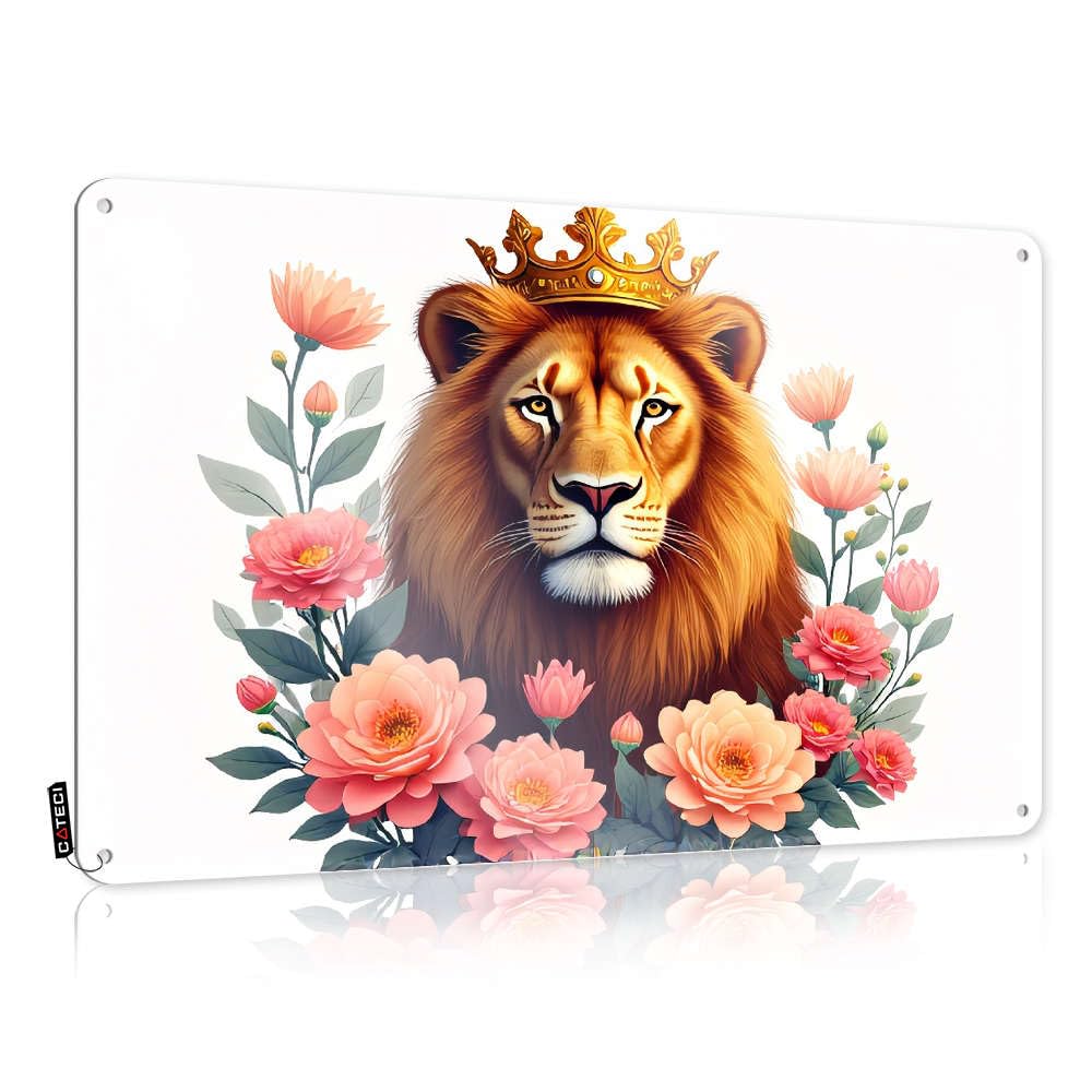 Tinsign Case Vintage Wall Decor - A Majestic Lion Adorned With A Crown, Surrounded By Vibrant Flowers. Amazing Metal Wall Art Ready To Hang For Porch(20X30CM)