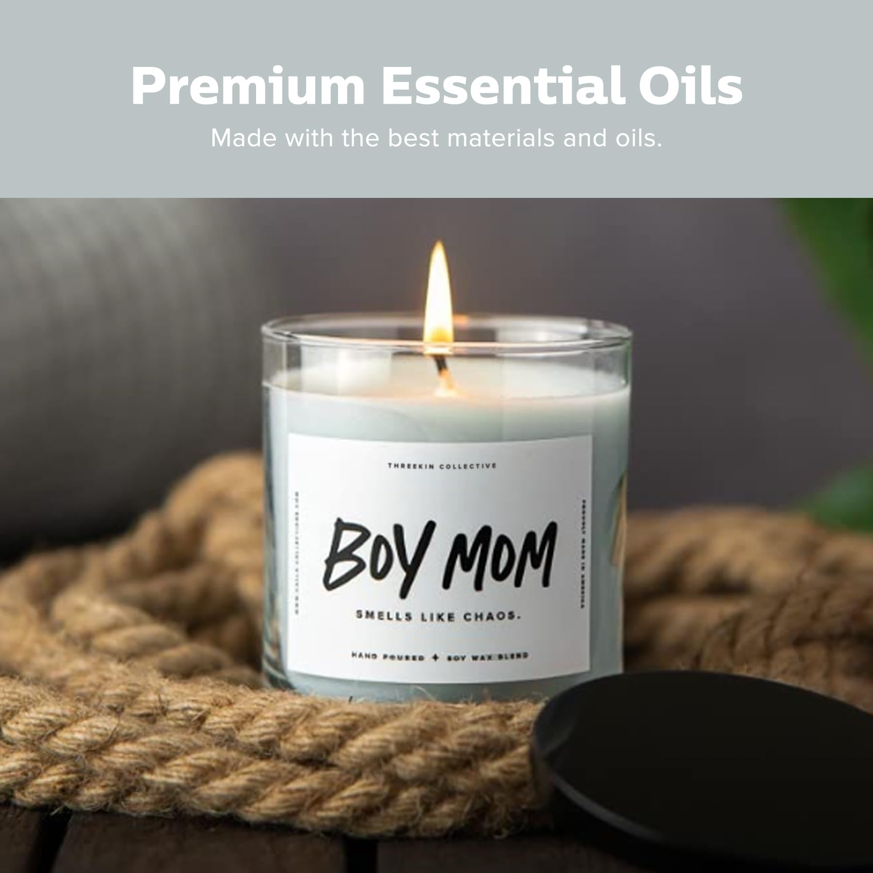 ThreeKin - Velas perfumadas para niño y mamá, velas de cera de soja natural para el hogar, aromaterapia relajante para mamás, aceites esenciales de madera flotante con un toque de caos, velas de larga