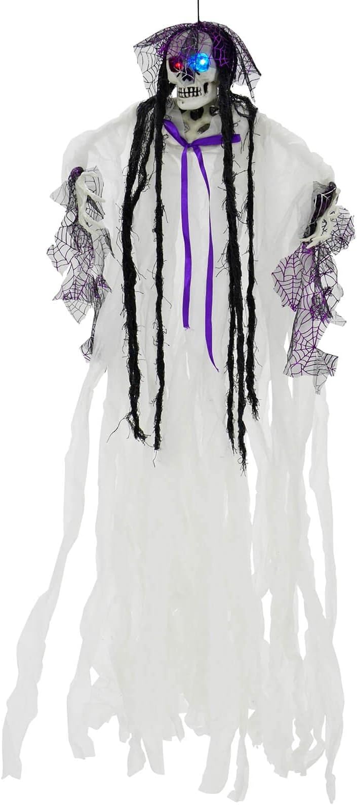 4ft Skeleton Ghost Lady Light Up Eyes Hanging Decoration Poseable Arms White