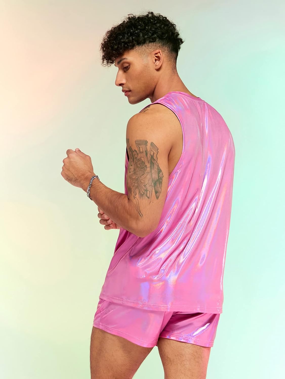Verdusa Men's 2 Piece Metallic Outfit Sleeveless Tank Top and Short Tracksuit Sets