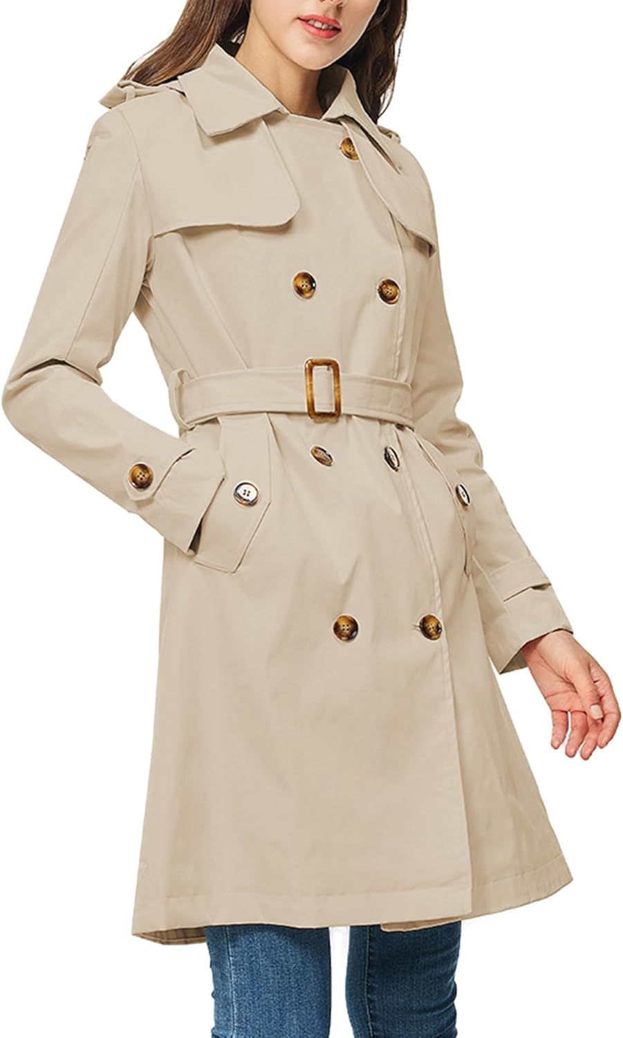 Rasujie Women's Trench Coat Double Breasted Classic Lapel Overcoat Belted Jacket with Detachable Hood - Image 3