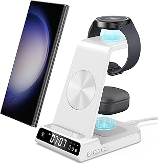 Wireless Charger for Samsung, 4 in 1 Samsung Wireless Charger with Clock for Galaxy Z Fold5/Z Flip5/S23 Ultra/S23/Note 20/S22 Ultra/S22, for Galaxy Watch 6/6 Classic/5/5 Pro/4, Galaxy Buds2 Pro/Live