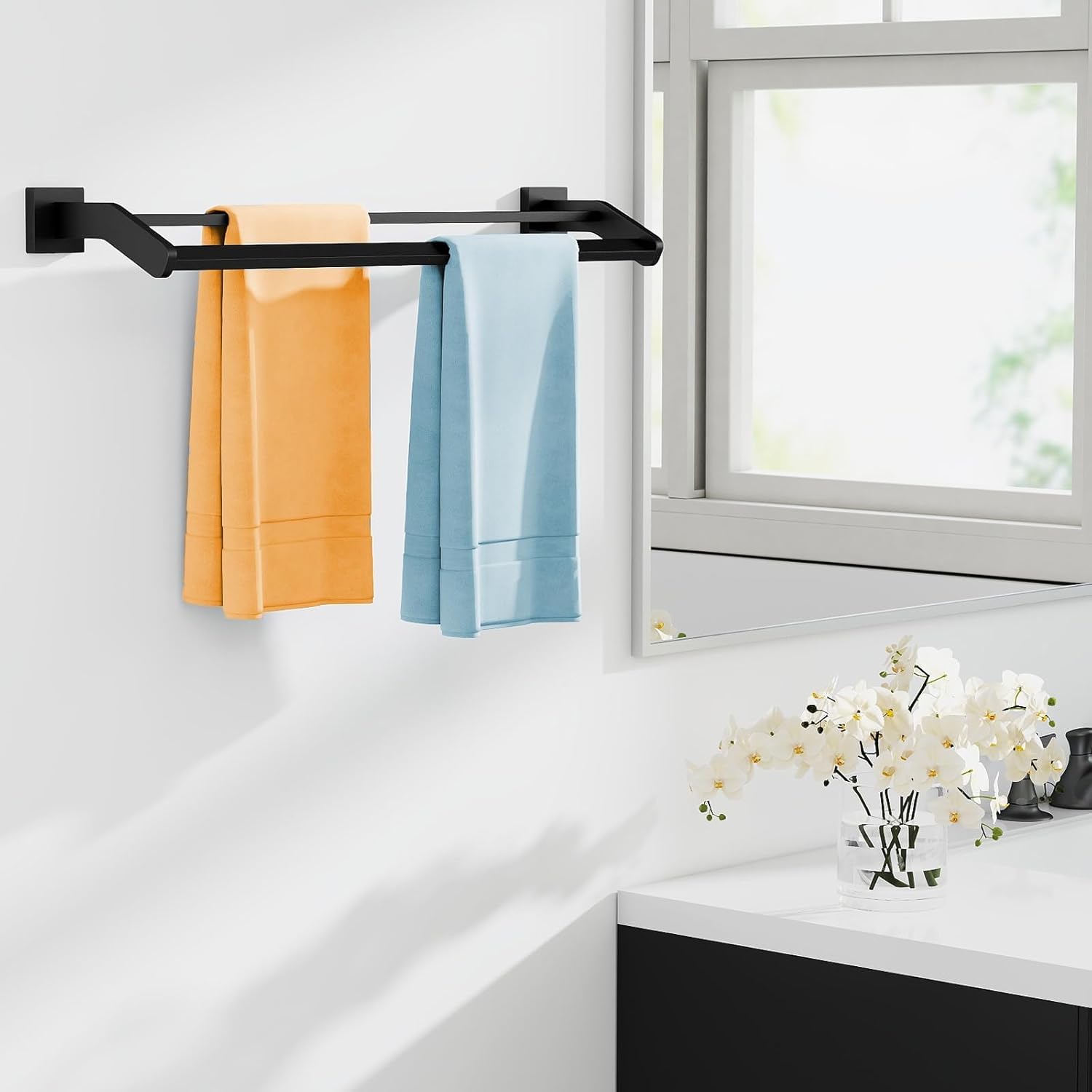 Double Towel Bar, Towel Racks for Bathroom, 24 Inch Heavy Duty Stainless Steel Bathroom Towel Holder Rod Wall Mounted, Bath Towel Rack, Matte Black