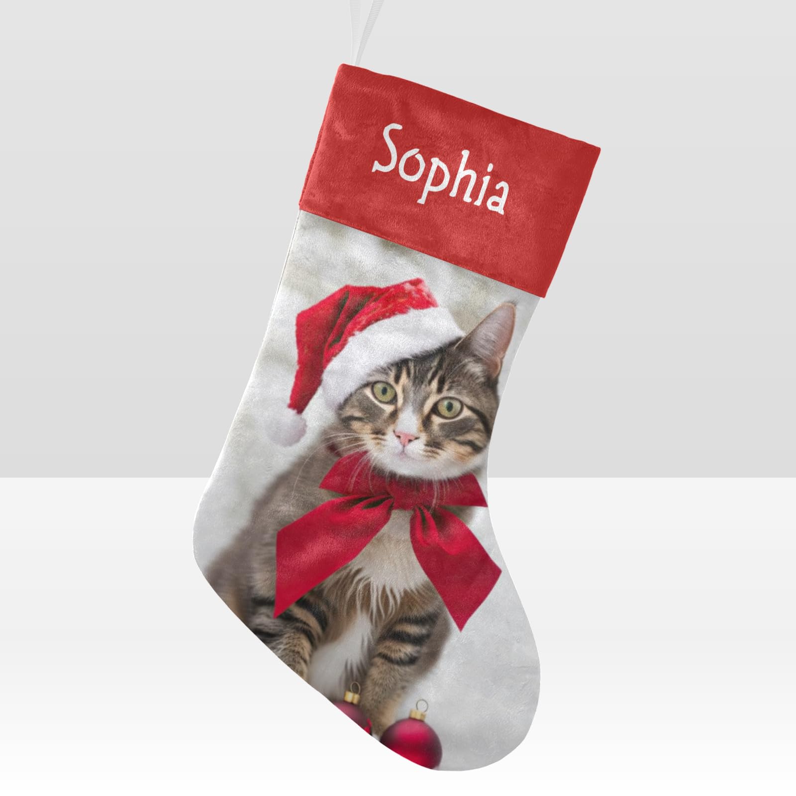 XOZOTY Christmas Cat Personalized Christmas Stockings with Name for Family Holiday Decor Xmas Gift 17.52 x 7.87 Inch