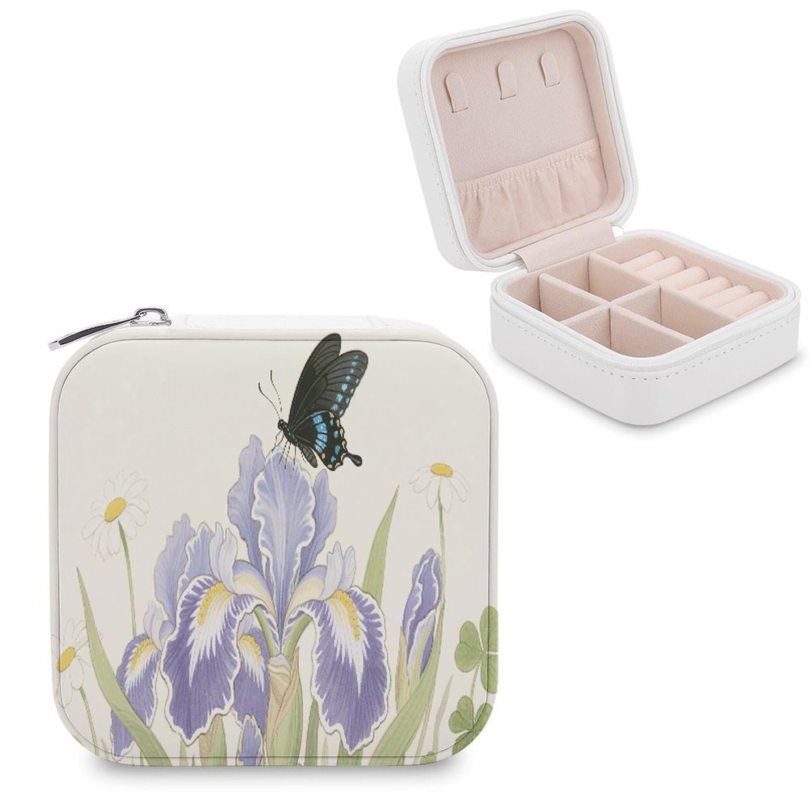 VstaDank Blue Wildflowers Butterfly Jewelry Organizer Travel Case for Women With Zipper Mini Jewelry Case PU Leather Jewelrys Box for Rings Necklaces Bracelets Earring Holder Organizer Storage