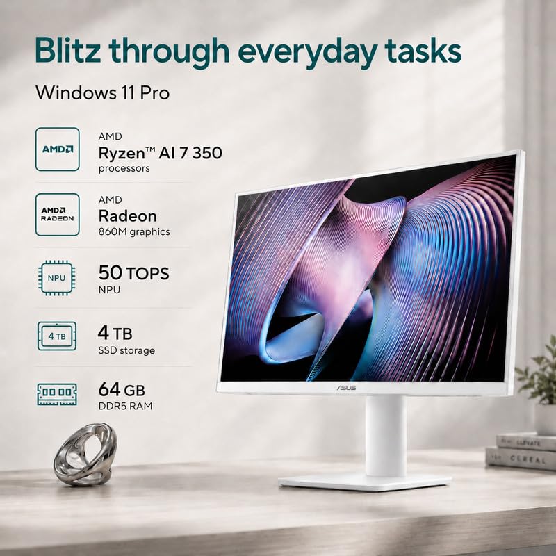Image of ASUS All in One 27 inch FHD Touchscreen PC, Ryzen AI 7 350, 64GB DDR5, 4TB SSD | Copilot+ PC, 50 TOPS NPU, Anti-Glare, Radeon 860M, HDMI In /Out, Wi-Fi 6, Windows 11 Pro, Office 2021, KB & Mouse