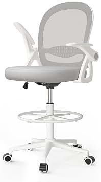 naspaluro Silla de Oficina con Anillo Reposapiés, Silla de Escritorio Ergonómica con Malla Transpirable, Reposabrazos Abatibles, Silla para Ordenador de Altura Regulable, Silla Giratoria de 360°, Gris