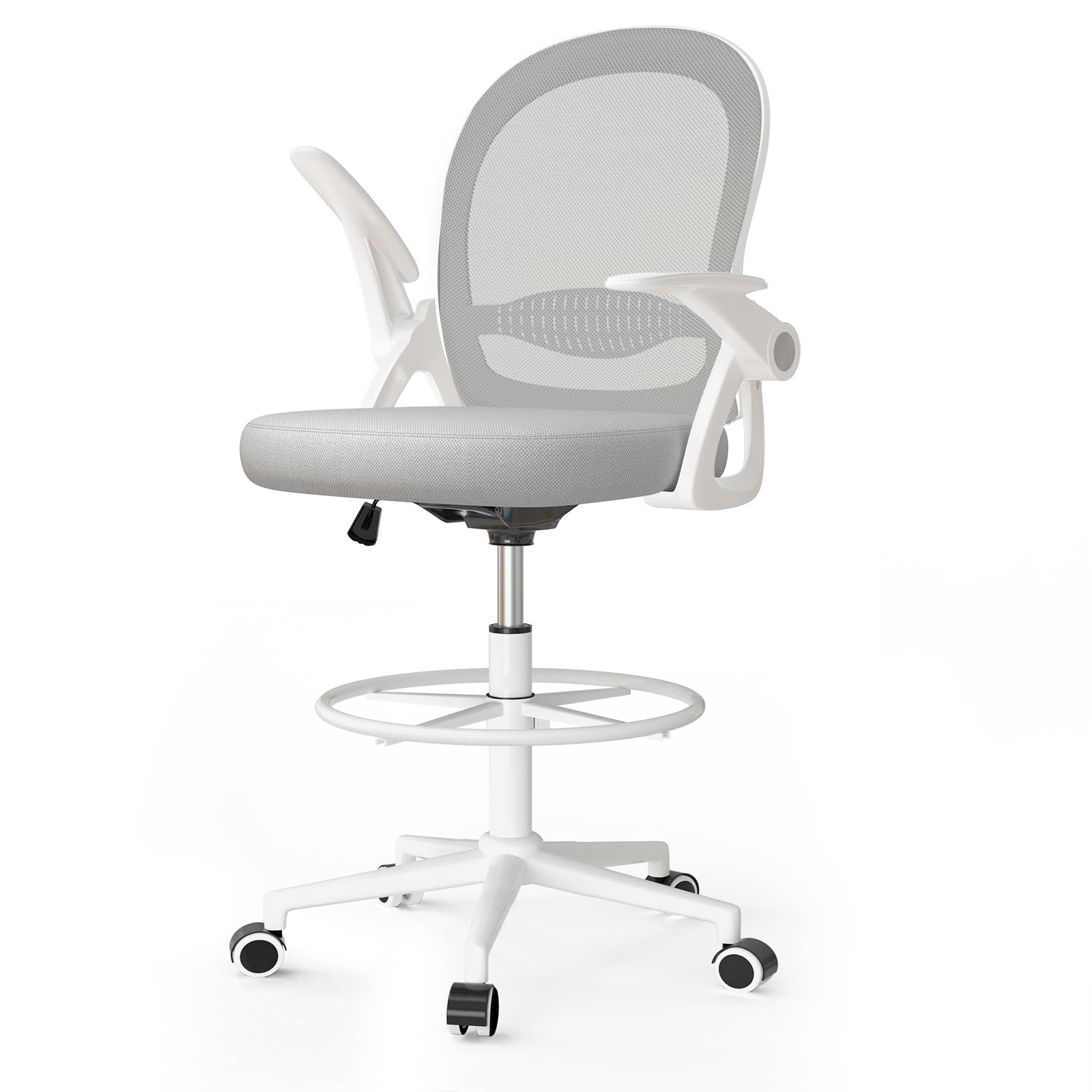 naspaluro Drafting Chair Tall Office Chair Ergonomic Desk Chair Swivel Painting Chair with Flip-up Armrests and Adjustable Footrest Ring for Home Office - Grey