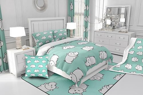 Miniatura 6 de Erosebridal Lindo juego de ropa de cama de hipopótamo tamaño matrimonial, juego de edredón de hipopótamo de dibujos animados para niños y niñas,