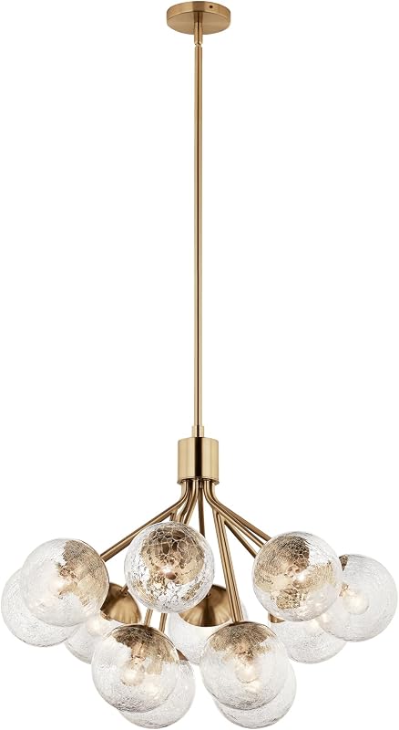 Kichler Silvarious 12-Light Convertible Chandelier, Champagne Bronze | Sputnik chandelier with clear crackled glass, convertible design (30" x 22.25"), 52701CPZ