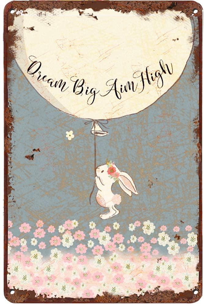 Creative Tin Sign Bunny with Balloon Dream Big Aim High Funny Novelty Metal Sign Retro Wall Decor for Home Restaurants Cafes Office Store Pubs Club Sign Gift 12 X 8 INCH Plaque Tin Sign