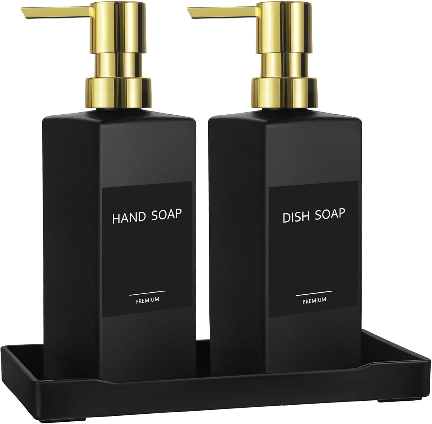 GMISUN Kitchen Soap Dispenser Set with Tray, Dish Soap Dispensers for Kitchen, 12fl oz/350ml Hand and Dish Soap Dispenser Set, Black Soap Dispensers with Gold Pump, Glass Liquid Soap and Lotion Bottle