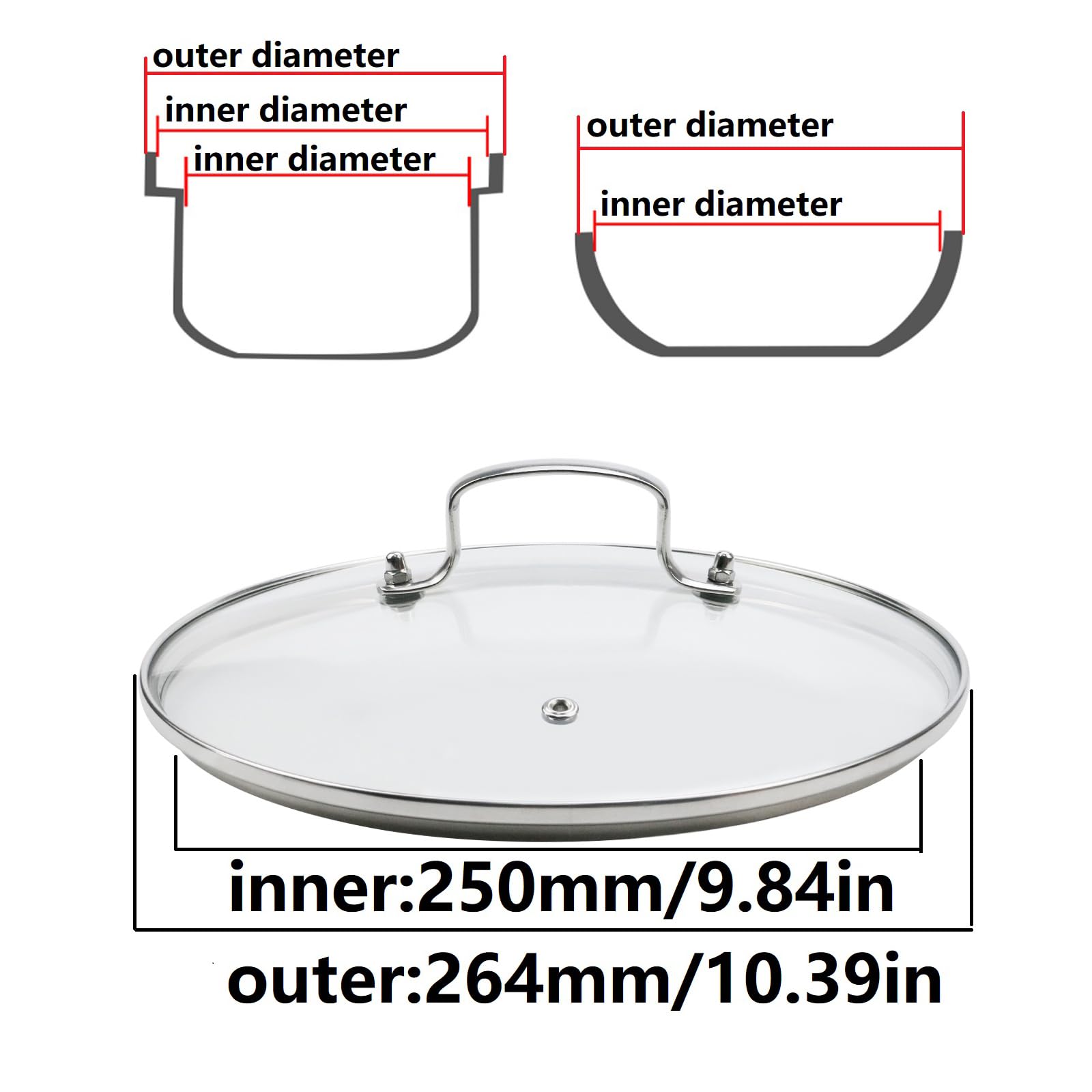 Tapa universal de vidrio templado de 10 pulgadas para ollas, sartenes y sartenes, con agujero de ventilación de vapor y mango resistente al calor
