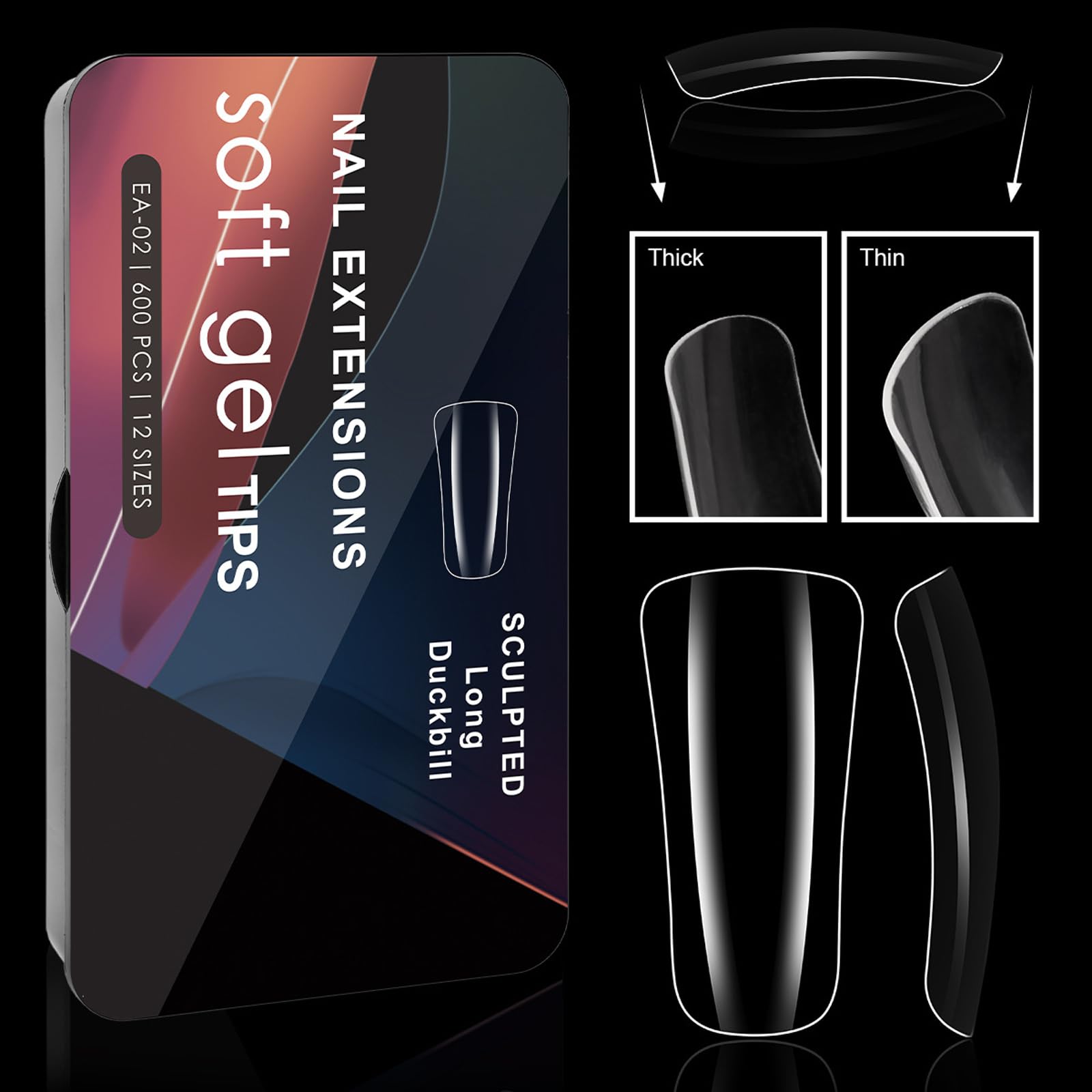 600 piezas de uñas de gel transparentes con forma curva falsa para manicura, media cubierta, francés, anchas, francesas