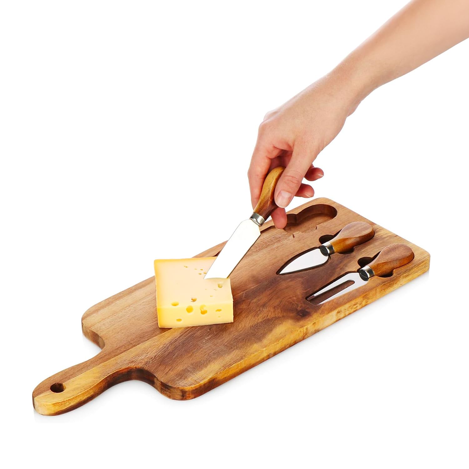 Avilia Set 3 Coltelli da Formaggio con Tagliere in Legno di Acacia – Lame Acciaio per Formaggi Morbidi, Stagionati e Freschi, Tagliere Legno Grande Ideale per Aperitivo, Degustazione