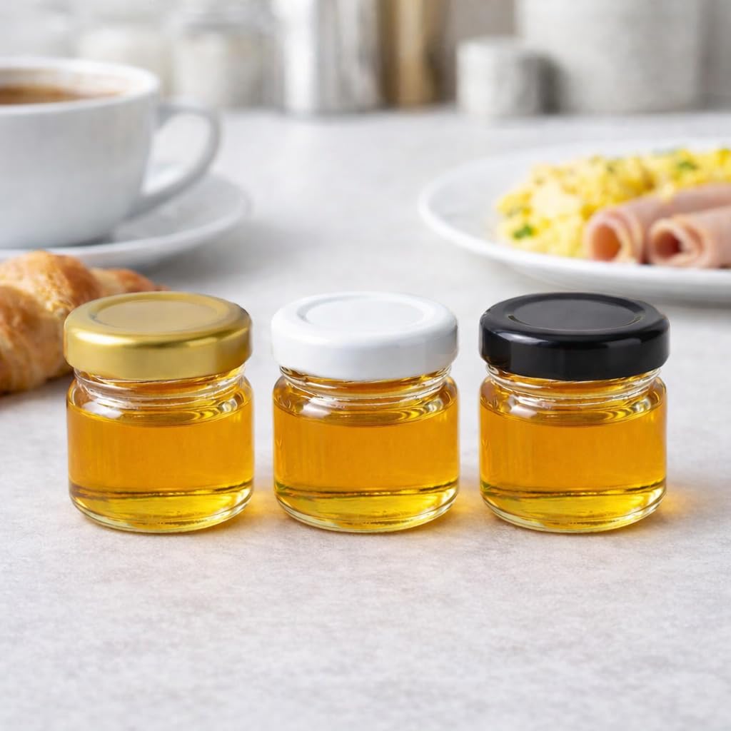 Made in Home - Lot de 100 Mini Pots en Verre de 40 ml à Épices avec Couvercle à Visser, Bocaux Ronds à Confiture et Miel (Couvercles Dorés)