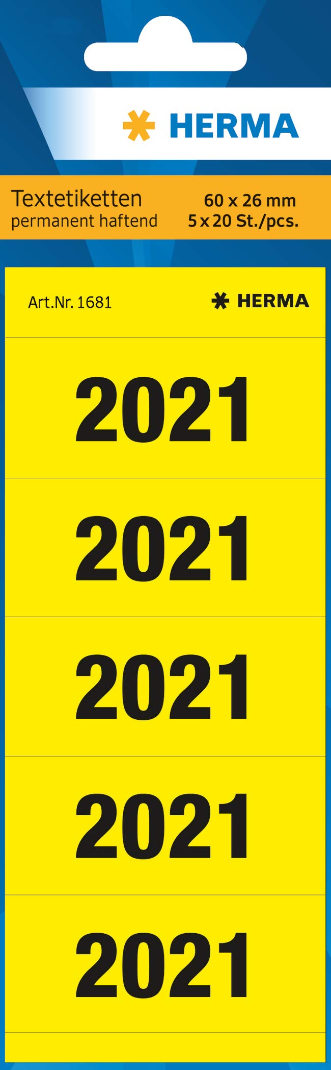 HERMA Year Number Stickers 2021 for Folders, 100 Labels, 60 x 26 mm, 5 Labels per Sheet, Self Adhesive Stickers for Lever Arch Files, Sticky Opaque Coloured Sticker, Yellow