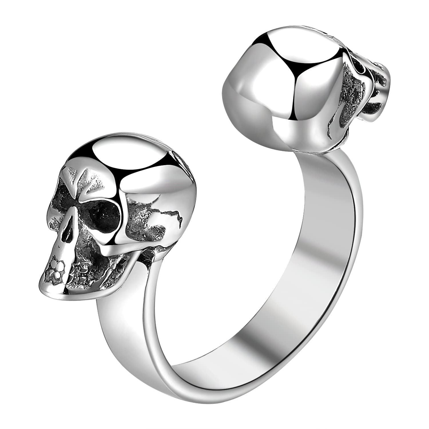 OIDEA Anillo de Calavera para Hombre Abierta-Acero Inoxidable Dos Calaveras Suave Regalo Ajustable Halloween Hip Hop Punk Gótico Compromiso Color Plata, US#7-US#13