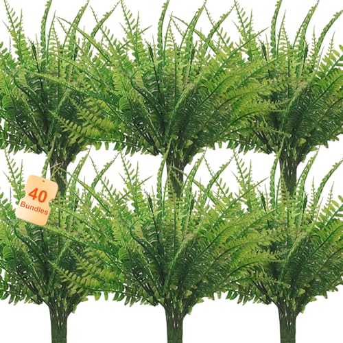Coreland 40 Pcs Artificial Boston Fake Fern Plants Bushes Faux Plants Shrubs Greenery UV Resistant for House Office Garden Indoor Outdoor Décor