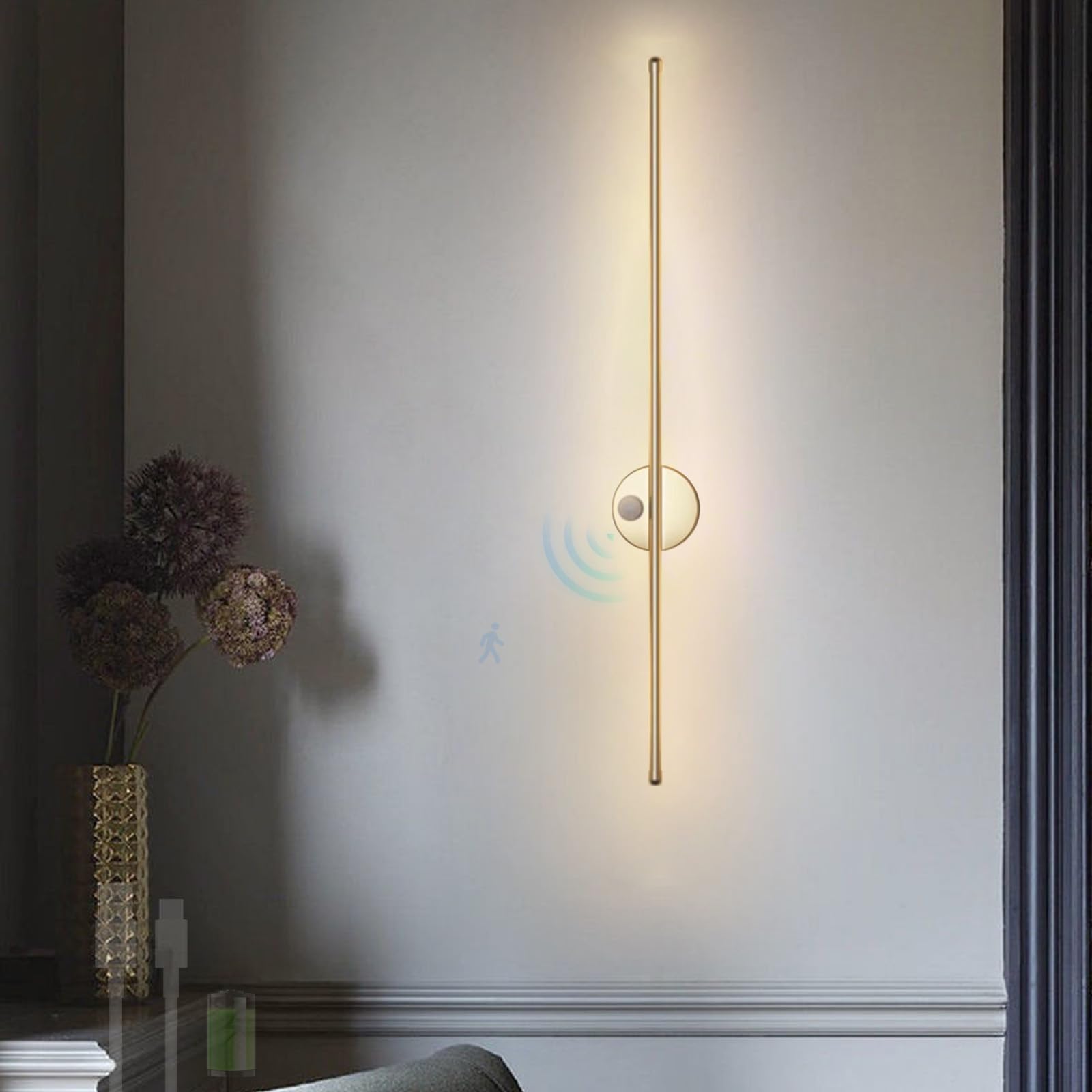 Lampa ścienna LED do wewnątrz z czujnikiem ruchu lampa ścienna USB ładowalna ścienna zasilana bateriami kinkiet ścienny długi pasek aluminiowy do salonu sypialni korytarza