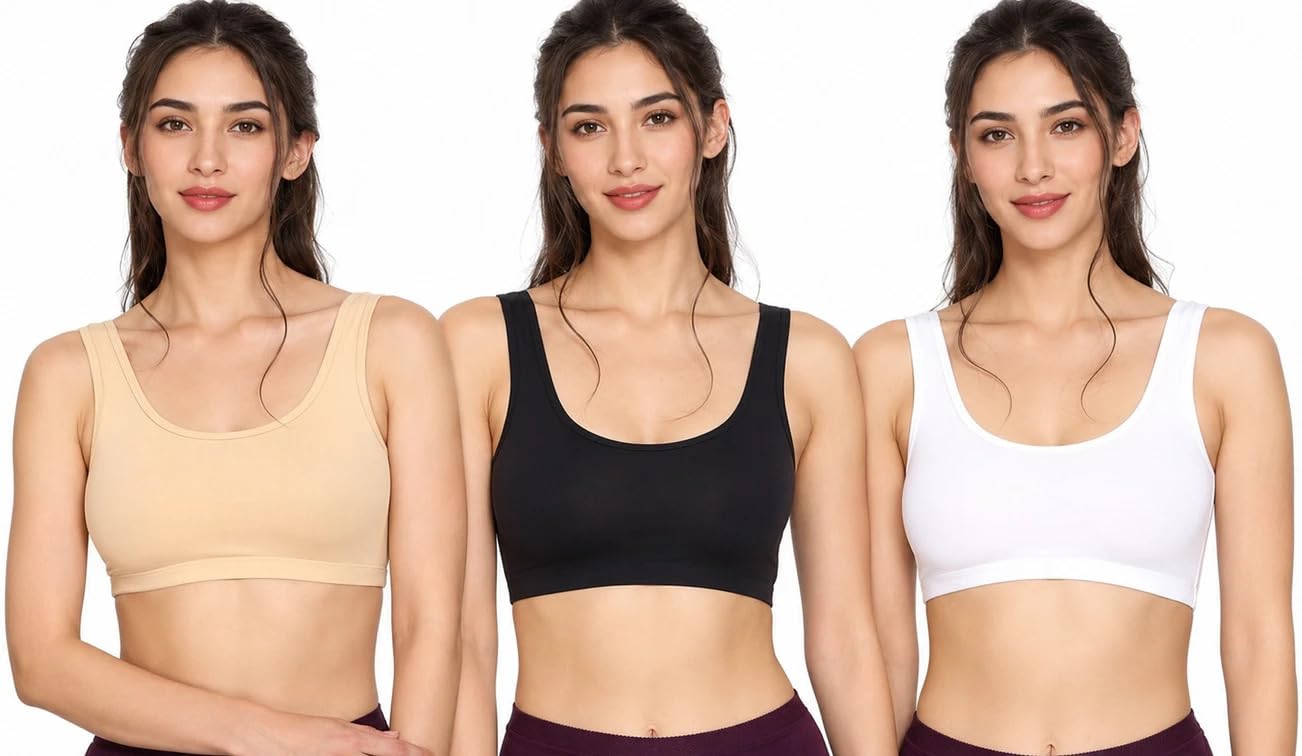 ZELOX Women's Seamless Wireless Sports Bra 3-Pack - Comfortable Air Bra, Stretchy Wide Strap Everyday Lounge Bralette for Yoga, Sleep, Fitness (Black, White, Beige)-image-1