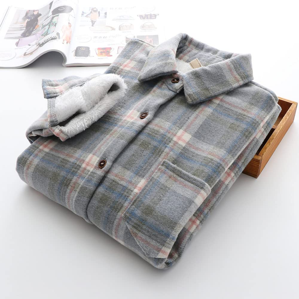 Bluse Damen,Damen Holzfäller Hemdjacke Fleecefutter Karierte Hemdbluse Langarm Warmes Flanellhemd Mantel Brusttasche Button Down Winter Streetwear Leichte Jacke