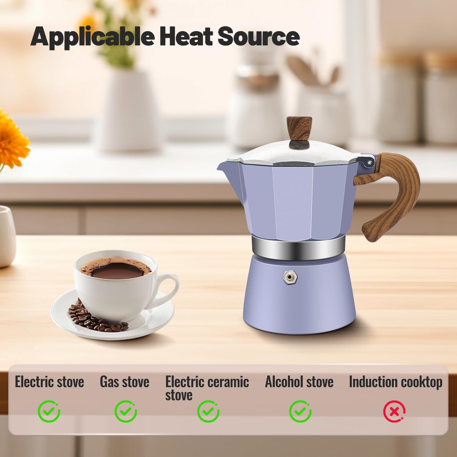 Cafetera moca clásica de aluminio para 3 tazas, 150 ml, cafetera, percoladora, cafetera Mocha Express, cafeteras preferidas para café italiano y cubano, color morado